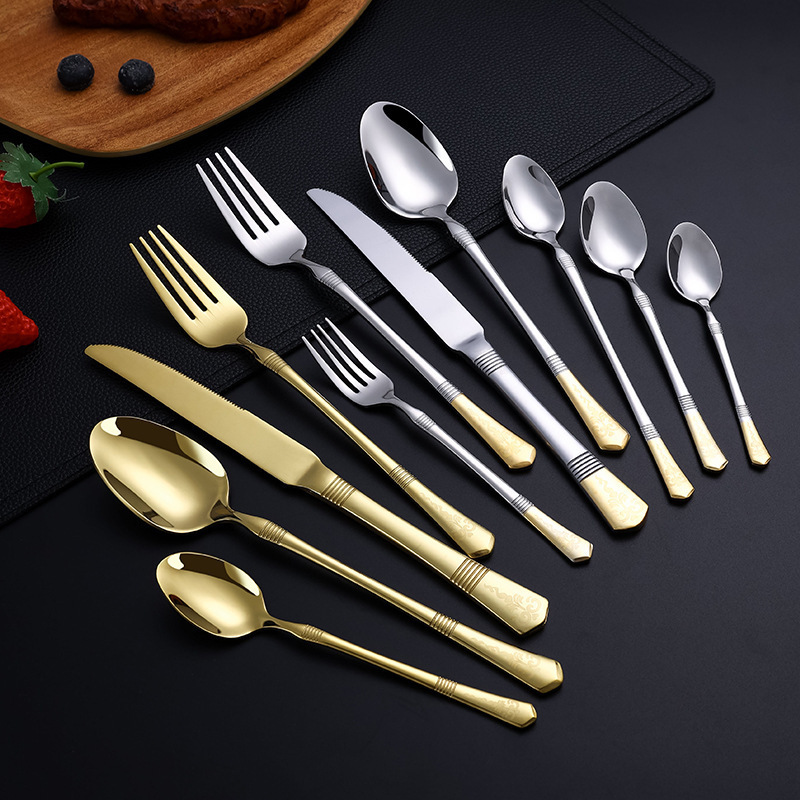 Hot Sale Flatware Portuguese Gold 24 Pcs Spoon Knife And Fork Stainless Steel Cutlery Set Portuguese Luxury Flatware Sets