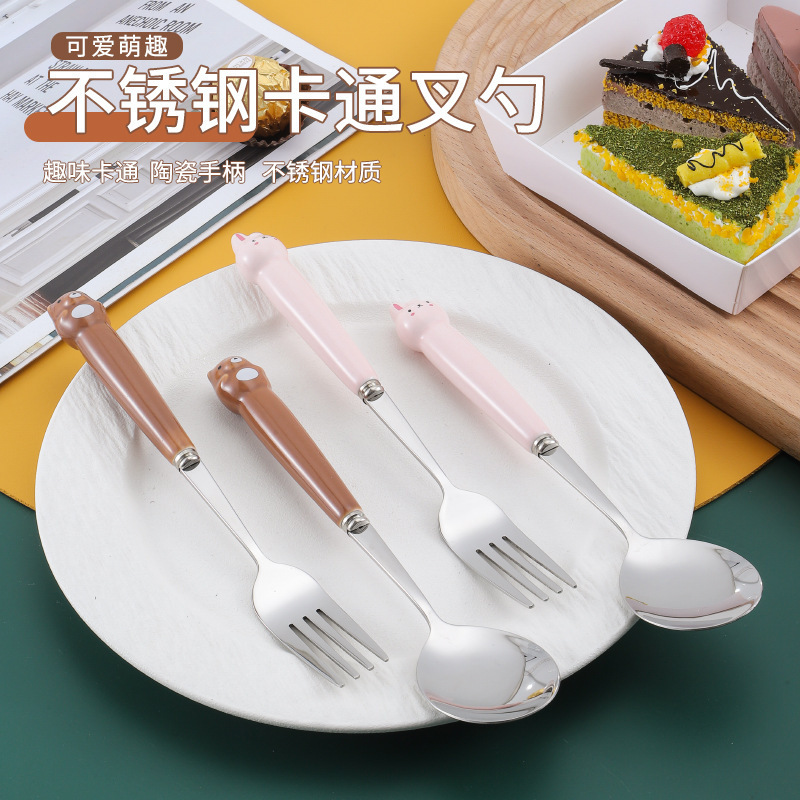 new style 304 Stainless Steel Children Spoon and fork set cute Cartoon animal Ceramic handle cutlery with custom logo