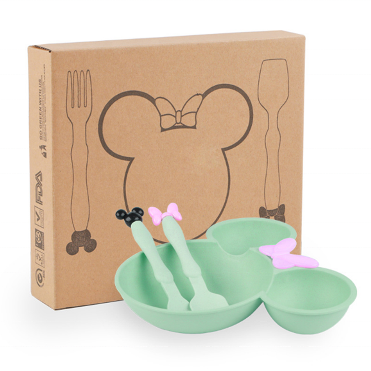 Custom Cartoon kindergarten cute Children Tableware set 3pcs Biodegradable Wheat Straw Fiber Tableware Feeding Dishes