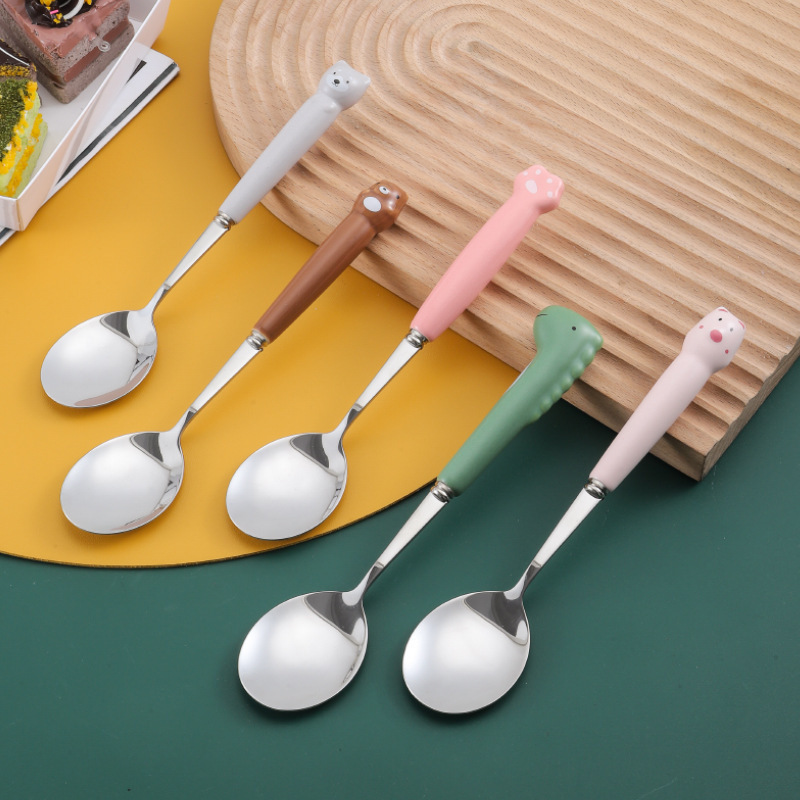 new style 304 Stainless Steel Children Spoon and fork set cute Cartoon animal Ceramic handle cutlery with custom logo