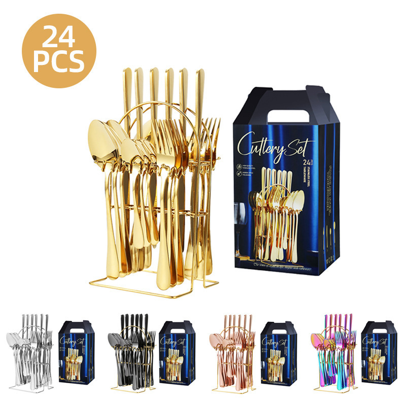 Luxury  Flatware Set Royal Gold Silverware  24pcs Cutlery set restaurant stainless steel wedding cutlery with box