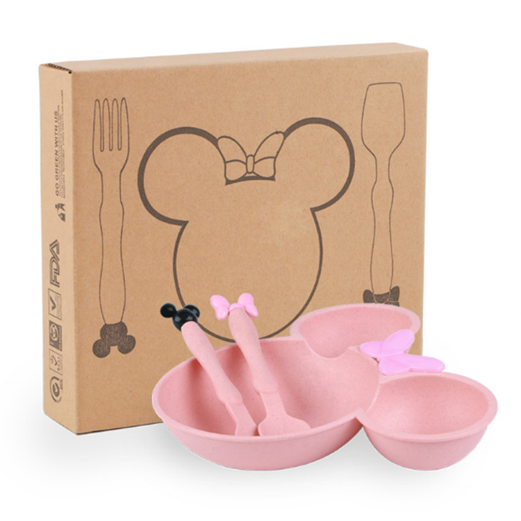 Custom Cartoon kindergarten cute Children Tableware set 3pcs Biodegradable Wheat Straw Fiber Tableware Feeding Dishes