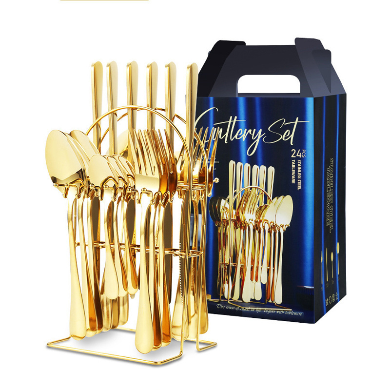 Luxury  Flatware Set Royal Gold Silverware  24pcs Cutlery set restaurant stainless steel wedding cutlery with box