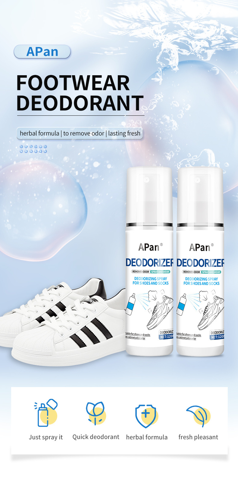 OEM/ODM Sneaker Balls Shoe And Socks Gym Bag Locker Shoe Odour Eliminator120ml Spray Deodorizer