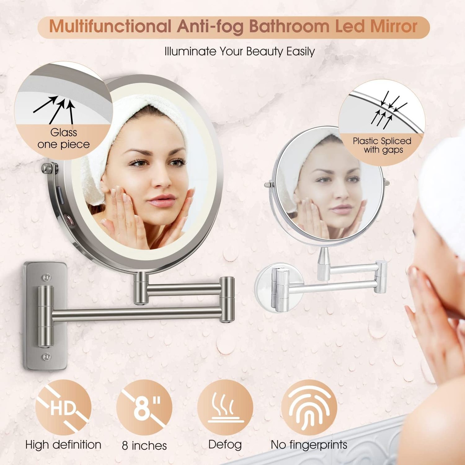 Rechargeable Wall Mounted Lighted Magnifying Vanity Mirror Adjustable Double Sided Round  Mirror