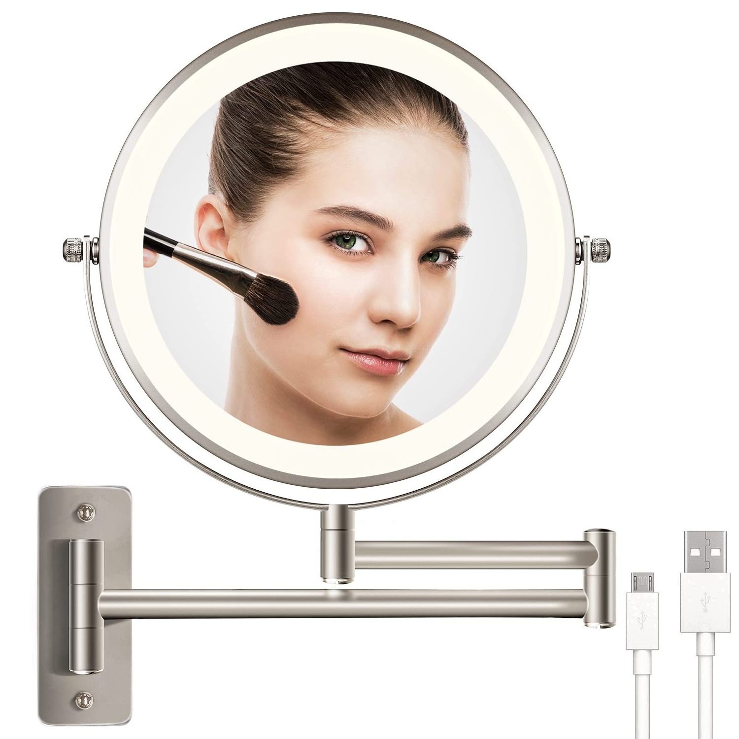 Rechargeable Wall Mounted Lighted Magnifying Vanity Mirror Adjustable Double Sided Round  Mirror