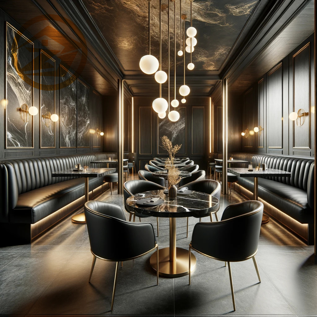 light luxury Elite Leather Booth Seating for Restaurants | Chic Black Marble Table Set | Exclusive Commercial Dining Furniture