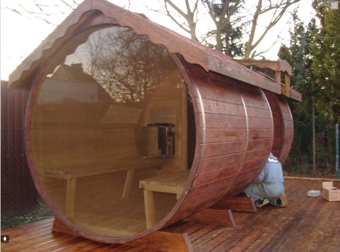 Panoramic Window Western Cedar Barrel Sauna 6 Person With Wood Burning Heater