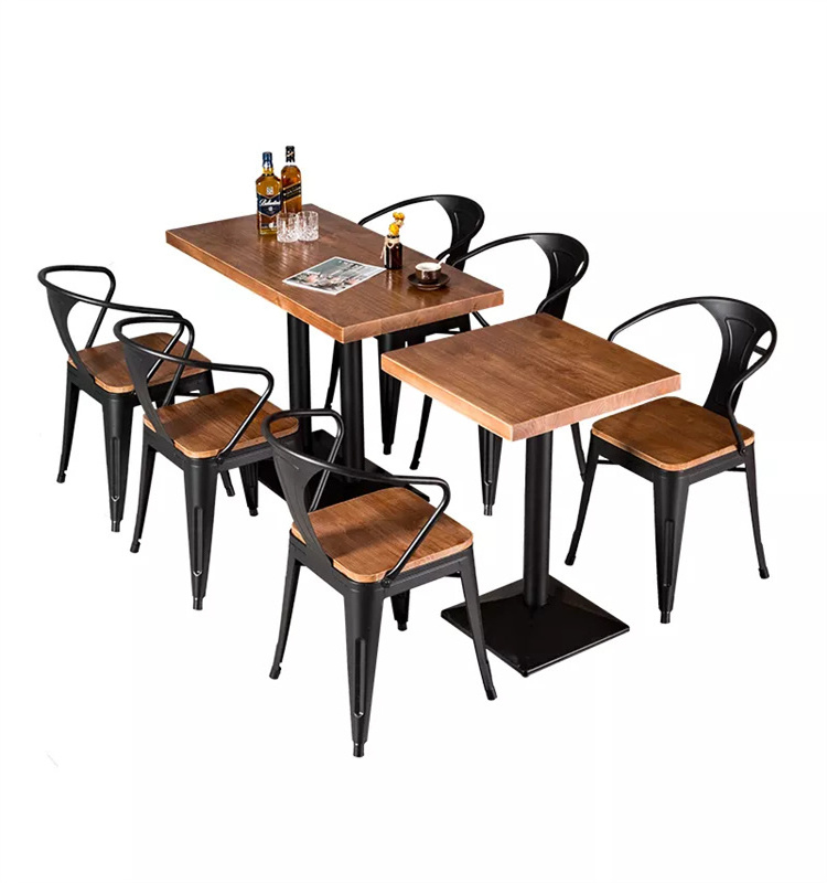 Modern Wood Cafe Restaurant Fast Food Bar Dining Furniture Stackable Vintage Bistro Tables and Chairs Sets Industrial Style Iron