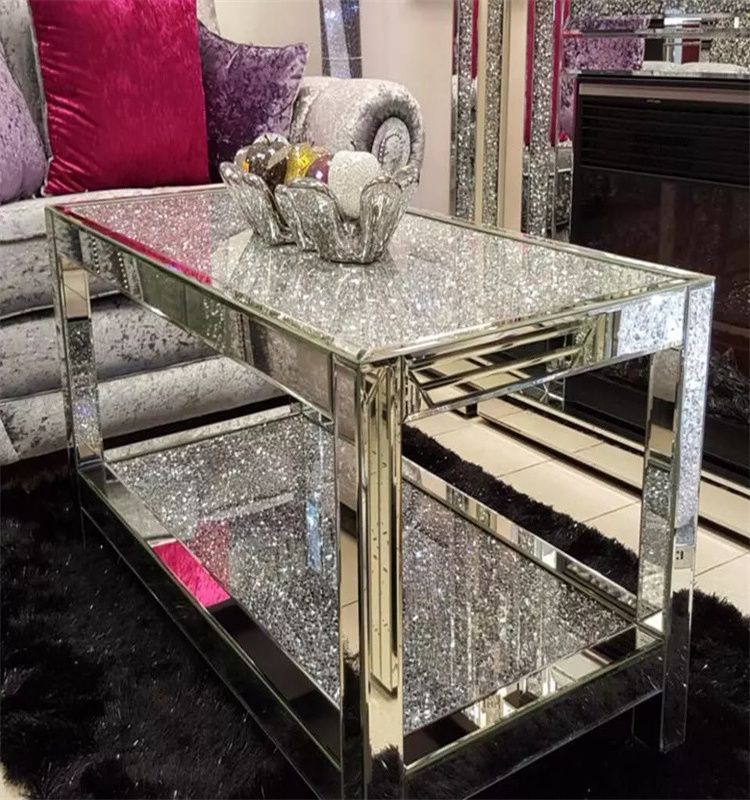 Manufacturer Crushed Diamonds Top Mirrored Coffee Table Modern Furniture Living Room Furniture Round Coffee Table Set of 3 30pcs