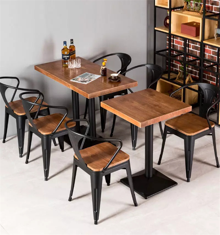 Modern Wood Cafe Restaurant Fast Food Bar Dining Furniture Stackable Vintage Bistro Tables and Chairs Sets Industrial Style Iron