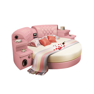 Bed Speaker Massage Pink Princess Bed European Style Bedroom Round Leather GENUINE Leather Modern Wooden Plywood Oak YC-A013 JZ