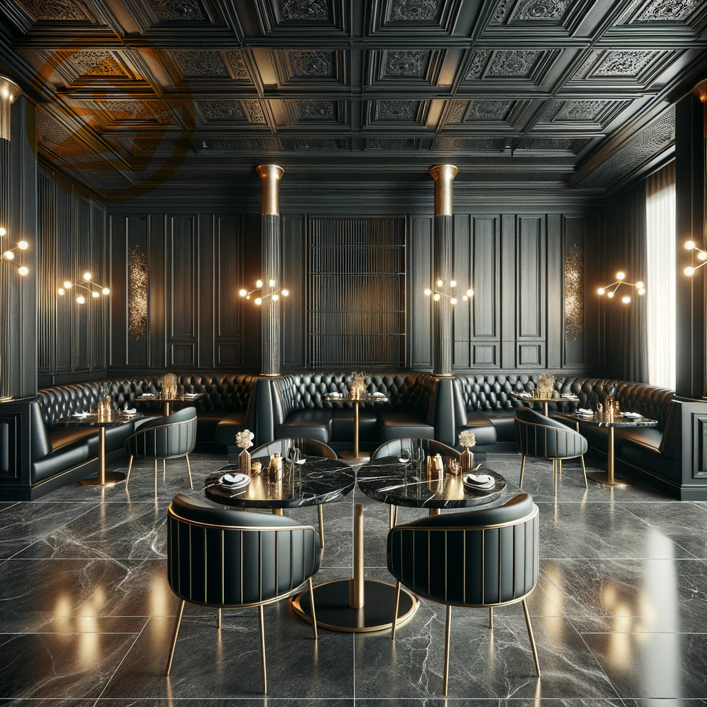 light luxury Elite Leather Booth Seating for Restaurants | Chic Black Marble Table Set | Exclusive Commercial Dining Furniture