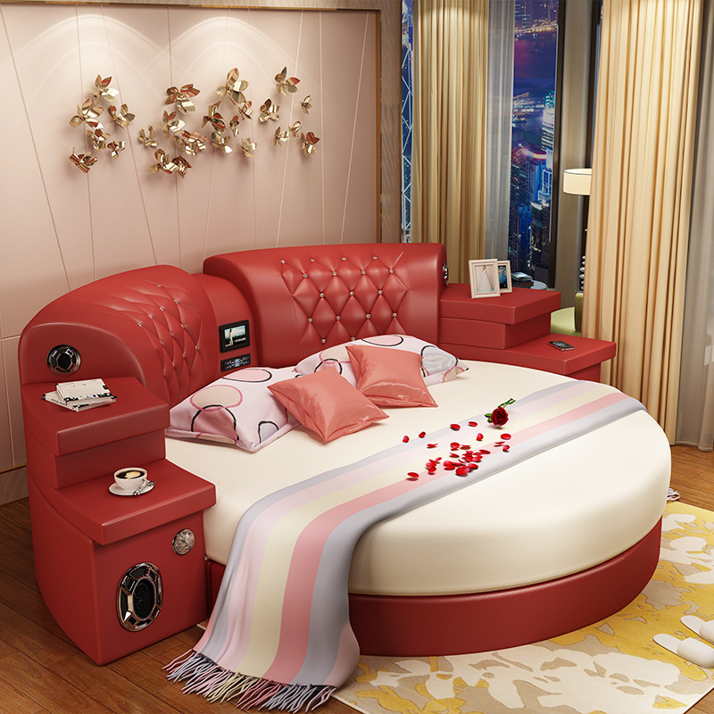 Bed Speaker Massage Pink Princess Bed European Style Bedroom Round Leather GENUINE Leather Modern Wooden Plywood Oak YC-A013 JZ