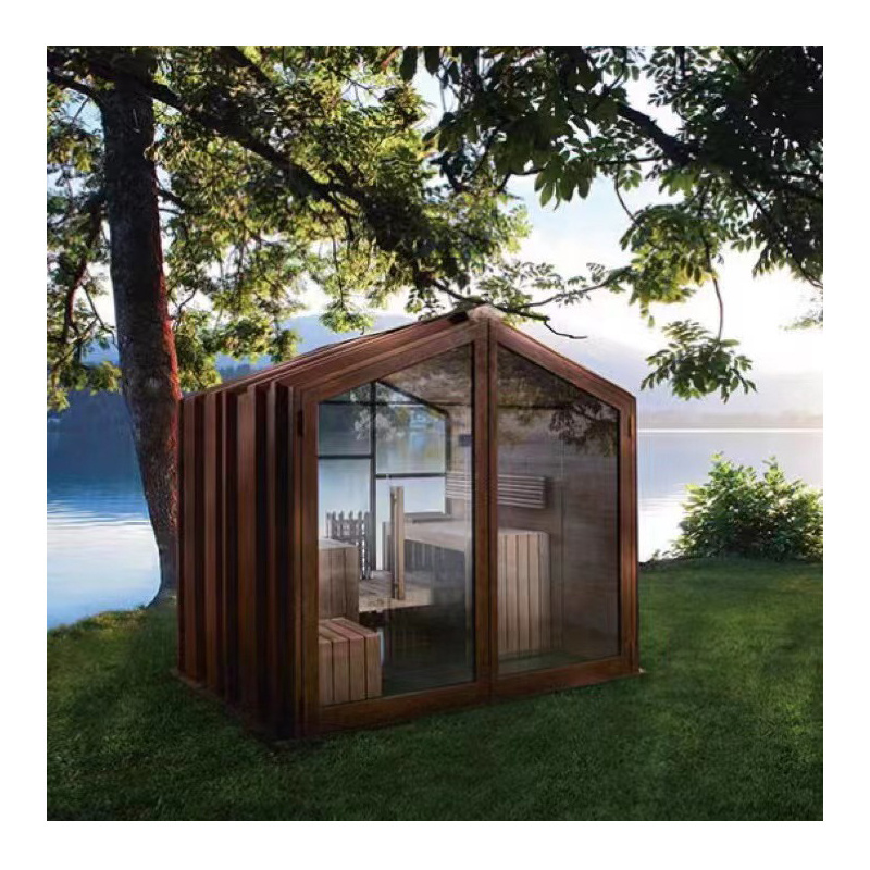 Panoramic Window Western Cedar Barrel Sauna 6 Person With Wood Burning Heater