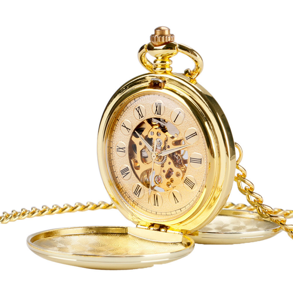 Double opened design classic roma numbers dial china movement golden pocket watch men vintage mechanical