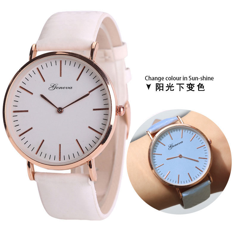 Hot selling ladies rose gold case quartz movement white PU strap UV print dial watches that change color