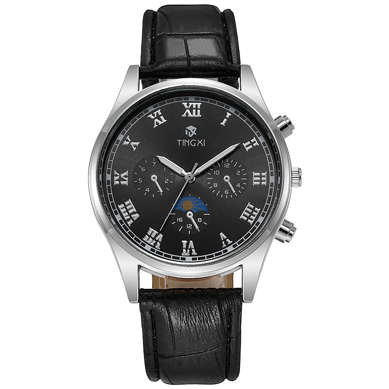 2022 newest style black leather strap roma numbers dials quartz movt stainless steel back sports watch for men