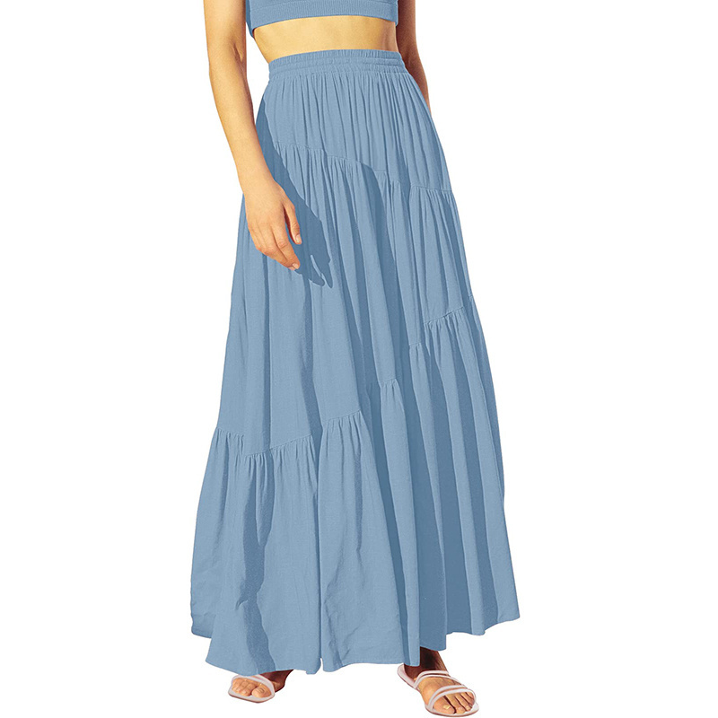 Boho Elastic High Waist Pleated A Line Long Black Skirts Flowy Swing Asymmetric Tiered Maxi Summer Beach Skirt For Women