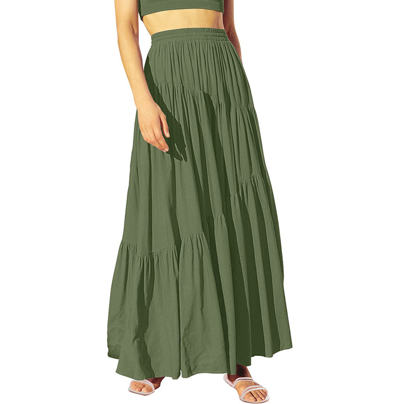 Boho Elastic High Waist Pleated A Line Long Black Skirts Flowy Swing Asymmetric Tiered Maxi Summer Beach Skirt For Women