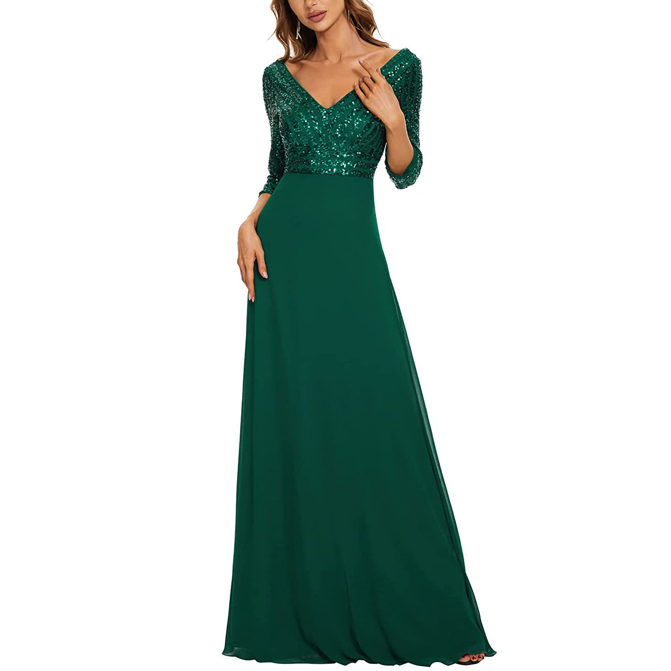 Plus Size Women's Sequin Sexy V Neck Chiffon Cocktail Dinner Formal Elegant Prom Long Gown Ball Evening Party Dress For Fat Lady