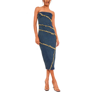 Fashion Women Vintage Washed Bodycon Midi Dress Elegant Collarless Sleeveless Raw Trim Denim Dress