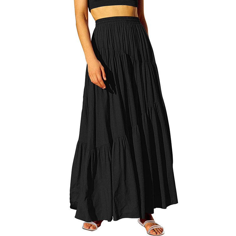 Boho Elastic High Waist Pleated A Line Long Black Skirts Flowy Swing Asymmetric Tiered Maxi Summer Beach Skirt For Women