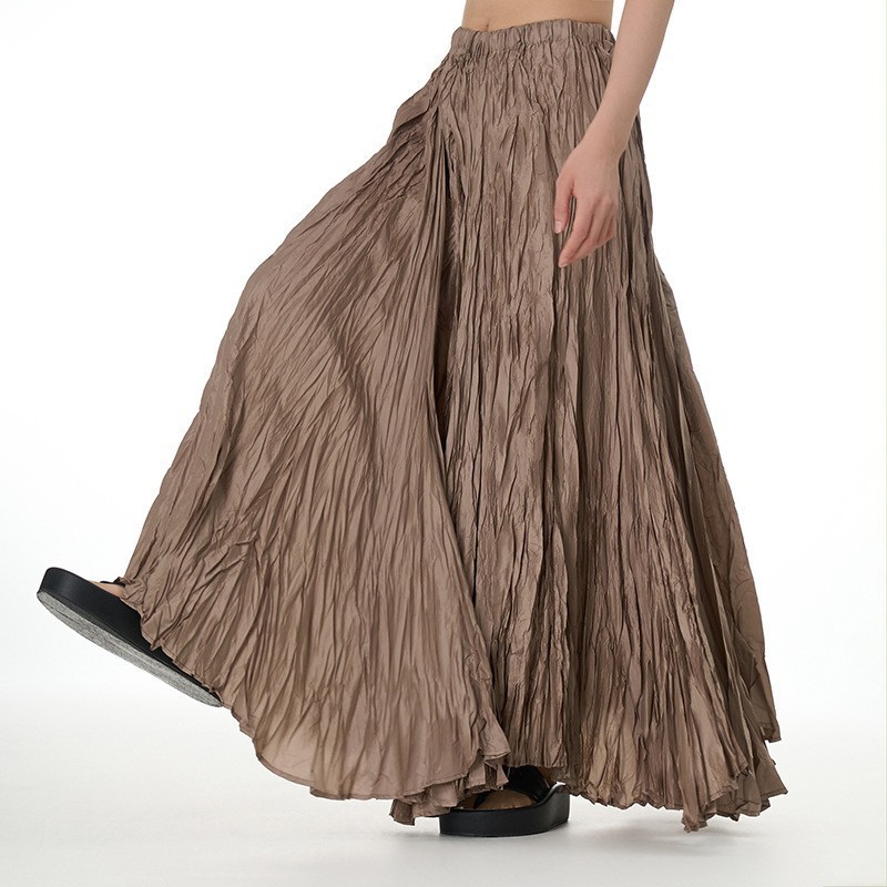 Solid color Elegant oversize pleated half skirt ladies high waist multi pleated Long swing skirts