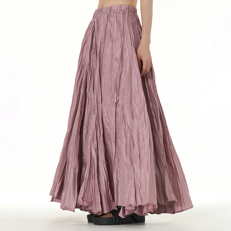 Solid color Elegant oversize pleated half skirt ladies high waist multi pleated Long swing skirts