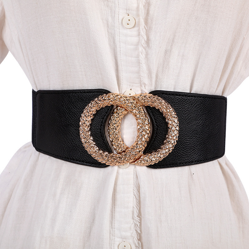 Double Circle Wide Corset Belts Alloy Buckle Black Elastic Women Waist Belt for Dress Ladies Waistband