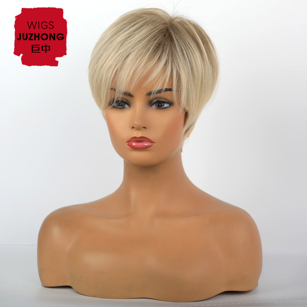 Cheap Pixie Cut Blonde Short Synthetic Wigs For White women With Bangs