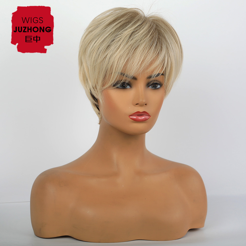 Cheap Pixie Cut Blonde Short Synthetic Wigs For White women With Bangs