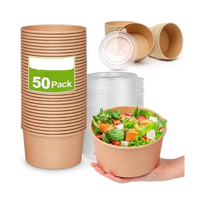 Disposable Paper Bowls with Lids Kraft Paper Salad Bowl Custom Paper Plates & Bowls Bulk Food Container for Salad Takeout Lunch