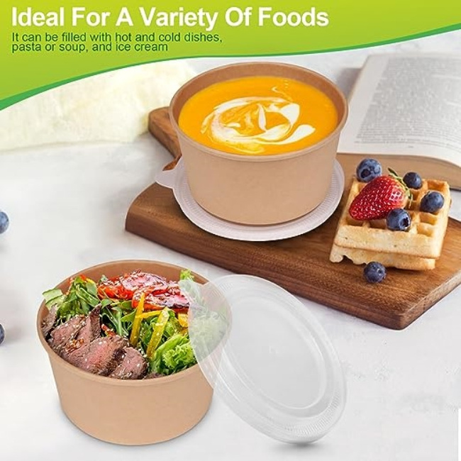 Disposable Paper Bowls with Lids Kraft Paper Salad Bowl Custom Paper Plates & Bowls Bulk Food Container for Salad Takeout Lunch