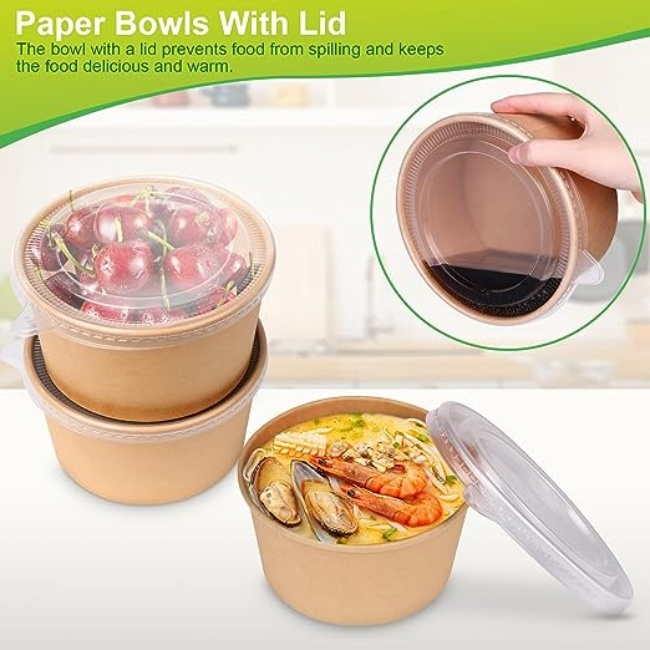 Disposable Paper Bowls with Lids Kraft Paper Salad Bowl Custom Paper Plates & Bowls Bulk Food Container for Salad Takeout Lunch