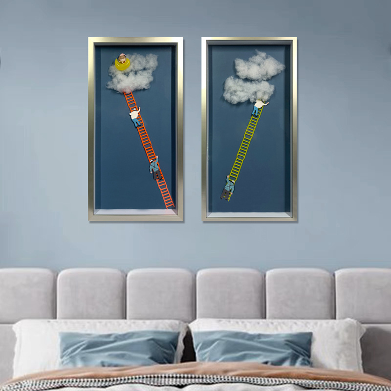 JZ Kids Room Decor Mixed Media Artwork Cloud Ladder 3D Painting Abstract Wall Art With Frame