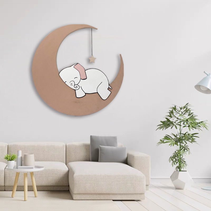 JZ Kids Room Decor Wooden Carving Elephant And Moon Artwork Abstract 3D Painting Laser Cut Wood Wall Art