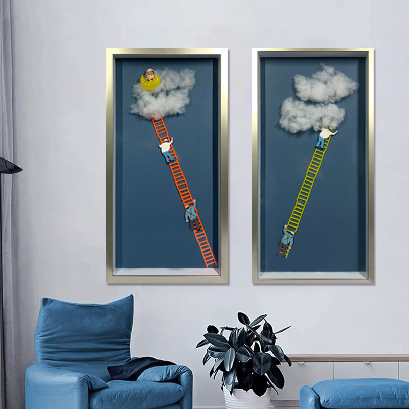 JZ Kids Room Decor Mixed Media Artwork Cloud Ladder 3D Painting Abstract Wall Art With Frame