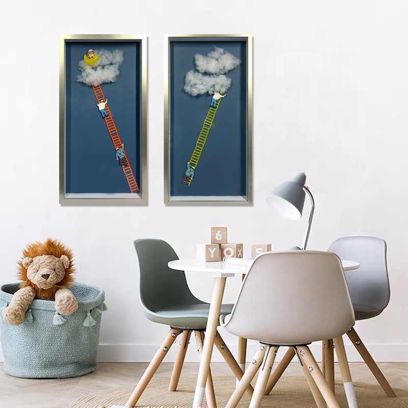 JZ Kids Room Decor Mixed Media Artwork Cloud Ladder 3D Painting Abstract Wall Art With Frame