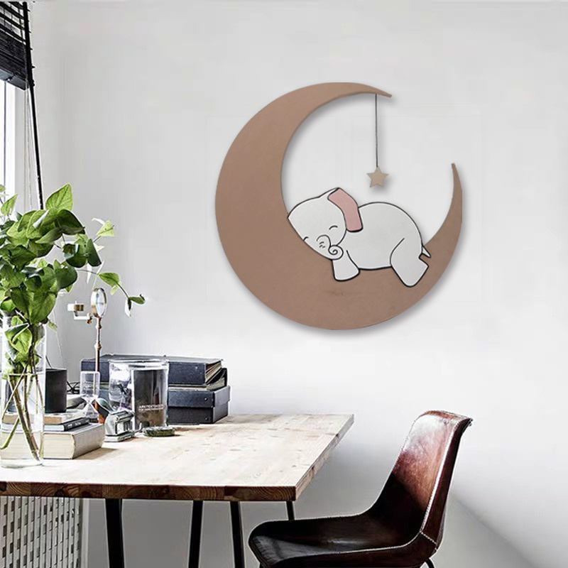 JZ Kids Room Decor Wooden Carving Elephant And Moon Artwork Abstract 3D Painting Laser Cut Wood Wall Art