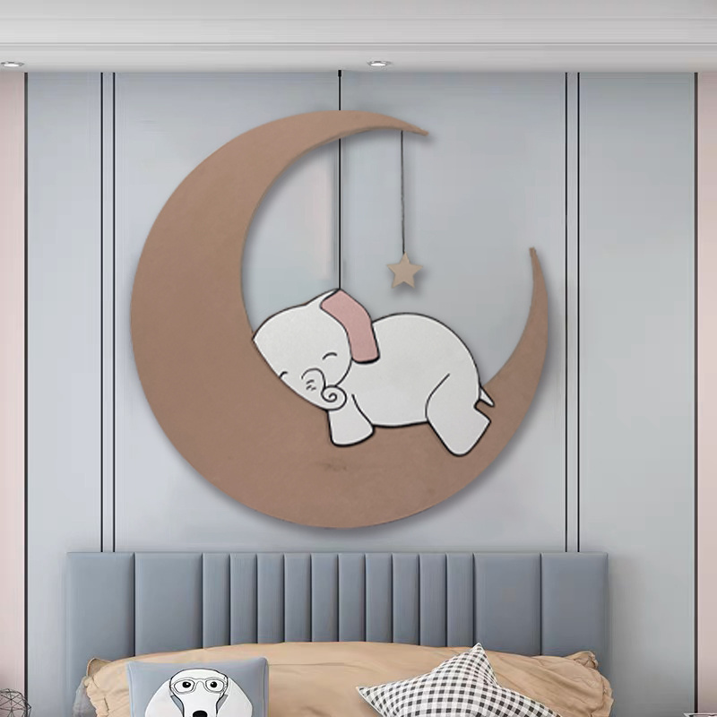 JZ Kids Room Decor Wooden Carving Elephant And Moon Artwork Abstract 3D Painting Laser Cut Wood Wall Art