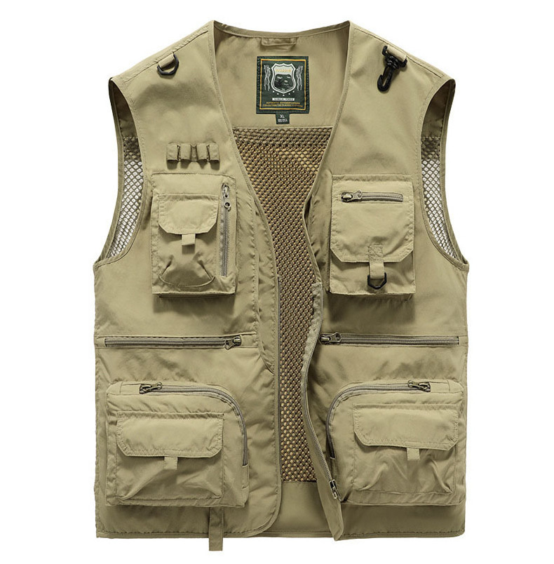 Colorful Breathable Safety Workwear Jacket Outdoor Fishing Vest with zipper Pockets Khaki