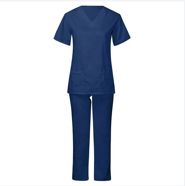 New Arrival Navy Blue Beauty Salon Uniform 65/35 Poly/Cotton Breathable Scrubs Uniforms Sets Customized V-neck Nurse Uniforms