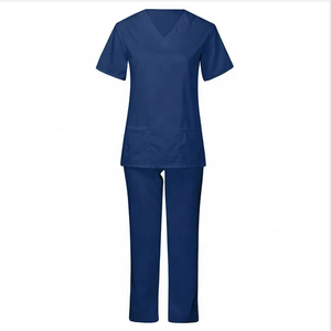 New Arrival Navy Blue Beauty Salon Uniform 65/35 Poly/Cotton Breathable Scrubs Uniforms Sets Customized V-neck Nurse Uniforms