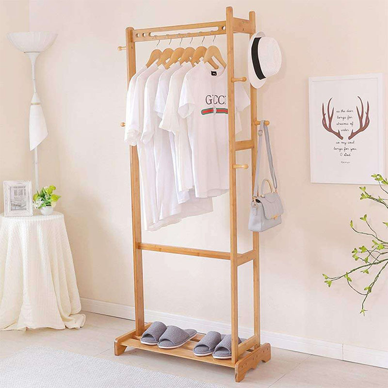 Bamboo Clothing Rack Bamboo Clothes Laundry Rack With 6 Side Hooks Lower Shoe Shelf