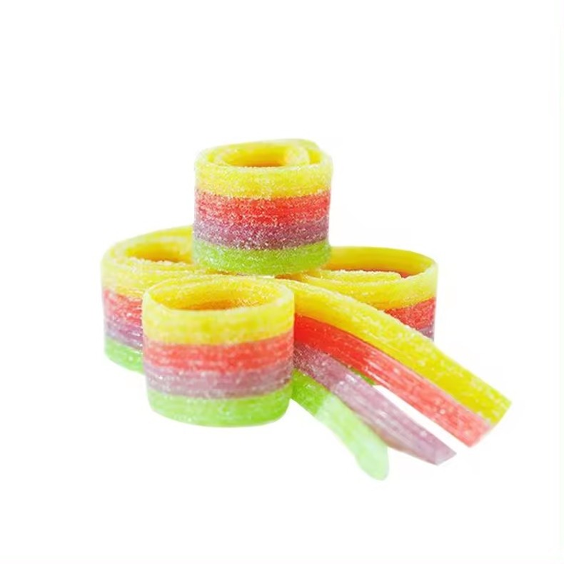 Soft Strip  Sugar Coated Rainbow Sour Gummy Candy Wholesale