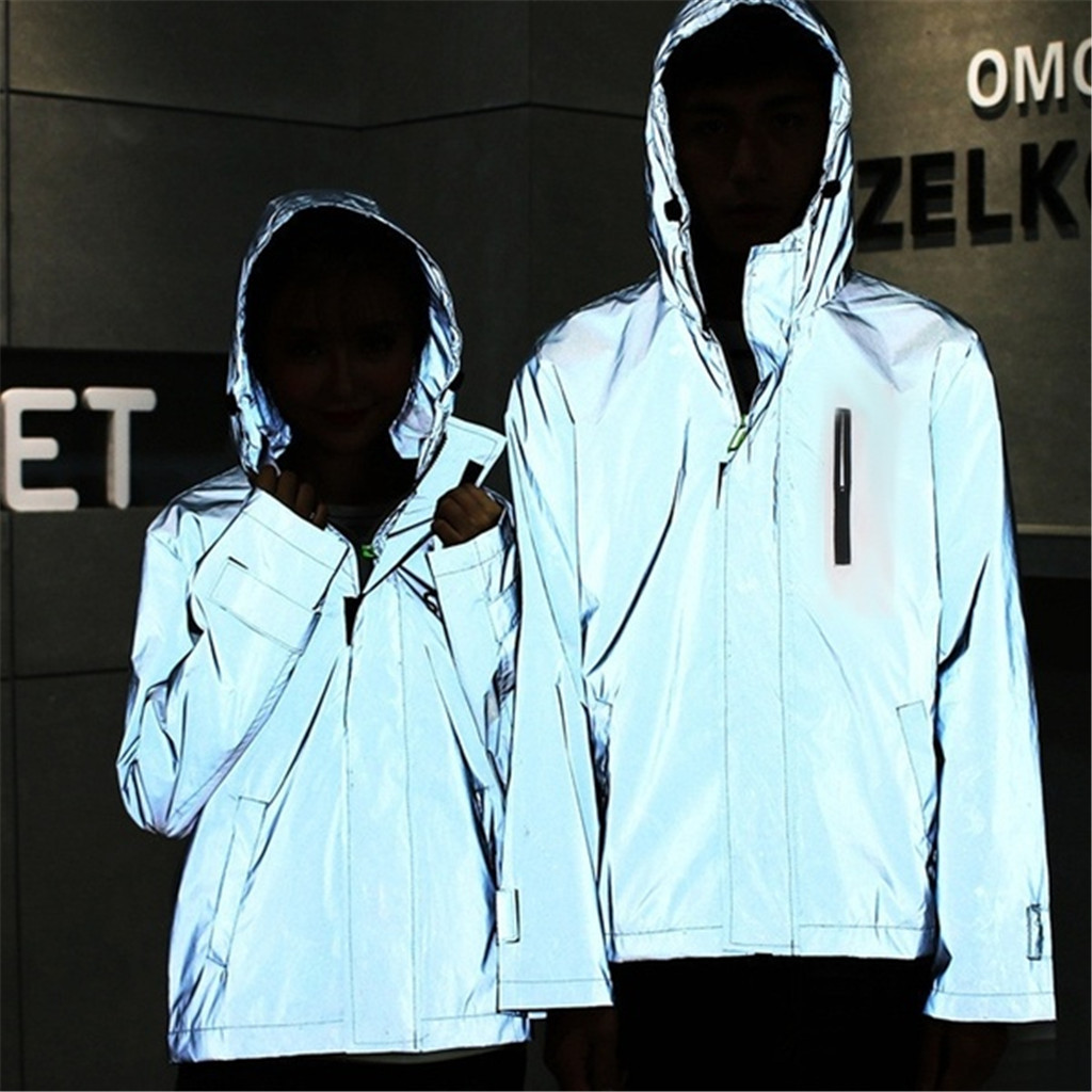 New men's autumn Men/women windbreaker 3m reflective jacket casual hip hop Hooded coats streetwear night shiny jackets