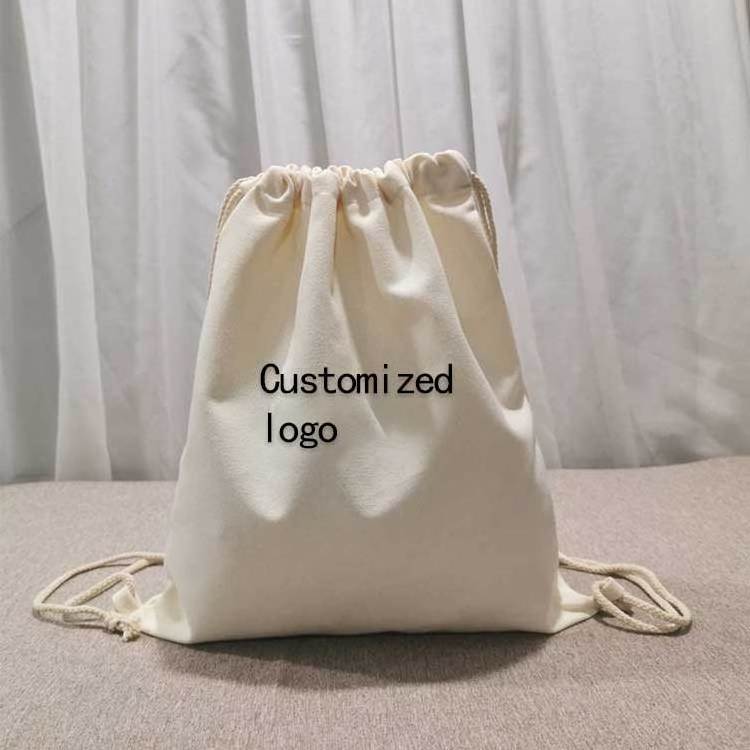 Custom sport plain cotton canvas drawstring bag travelling mini school bags  backpack promotional items with logo