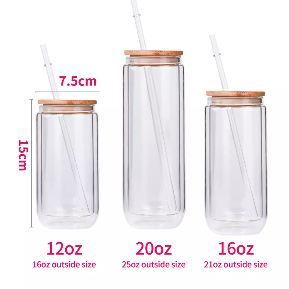 JZYZ Warehouse 16Oz 20Oz Diy Blank Sublimation Snow Globe Double Wall Glass Can Cups With Hole For Glitter With Bamboo Lid Straw