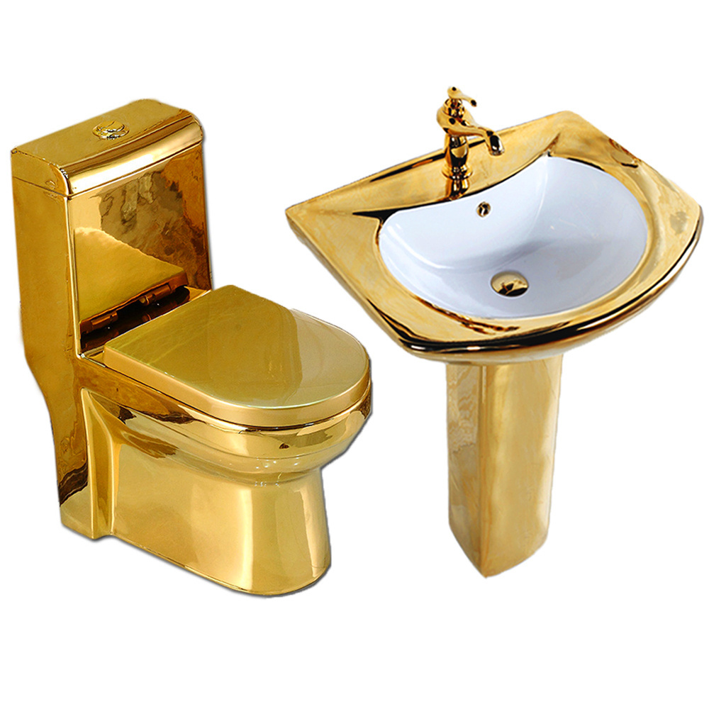 Royal design gold toilet bowl, toilets set golden color wash basin sink wc gold bathroom ceramic toilet